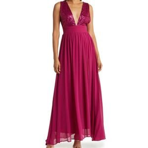 NWT Love by Design Daphne Berry Sequin Top V-Plunge Maxi Dress M Glamour Prom